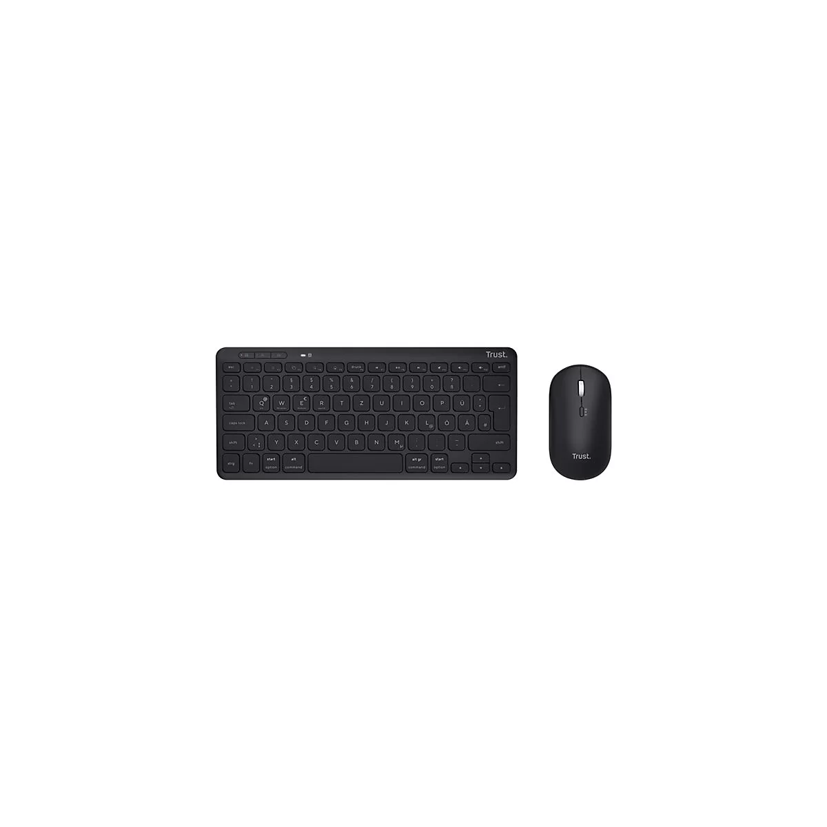 Schwarzes kabelloses Tastatur-Maus-Set von Trust auf weißem Hintergrund.