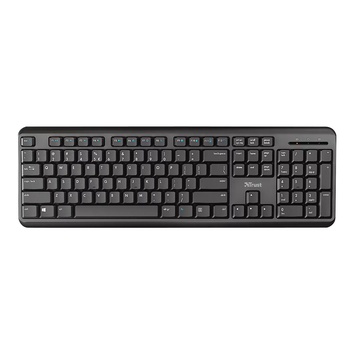 Draufsicht auf eine schwarze Trust-Tastatur. Tasten mit Buchstaben, Zahlen und Sonderzeichen sind deutlich sichtbar.