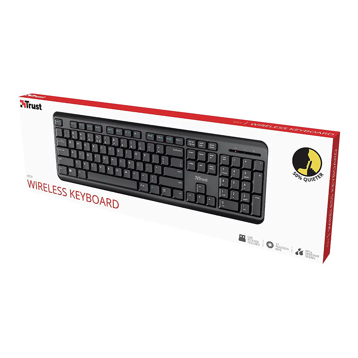 Draufsicht auf eine kabellose Tastatur in der Originalverpackung. Aufdrucke: 'Wireless Keyboard', 'Trust', '50% Quieter'.