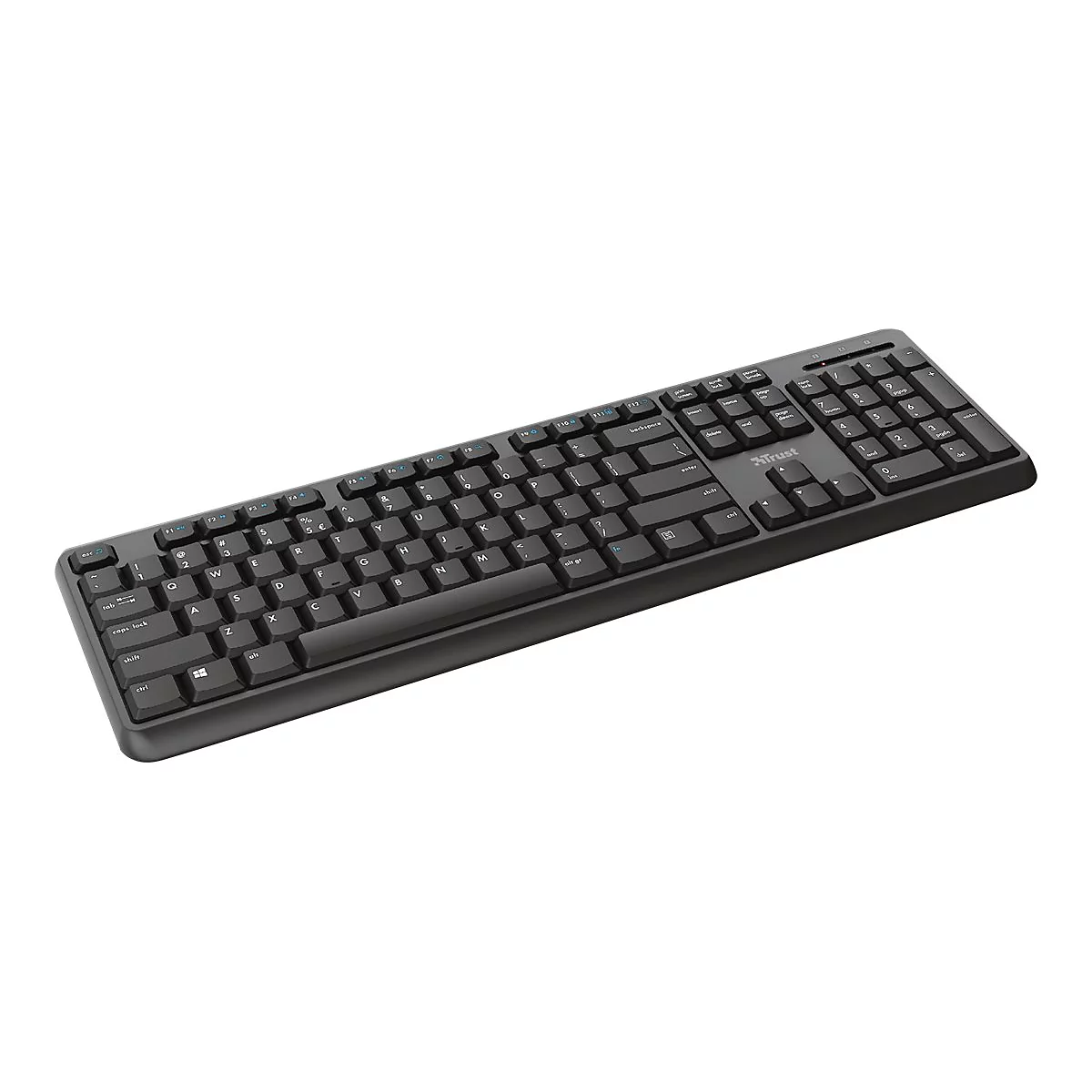 Drahtlose schwarze Trust-Tastatur mit weißen Buchstaben. Auf dem Nummernblock befindet sich das Trust-Logo.