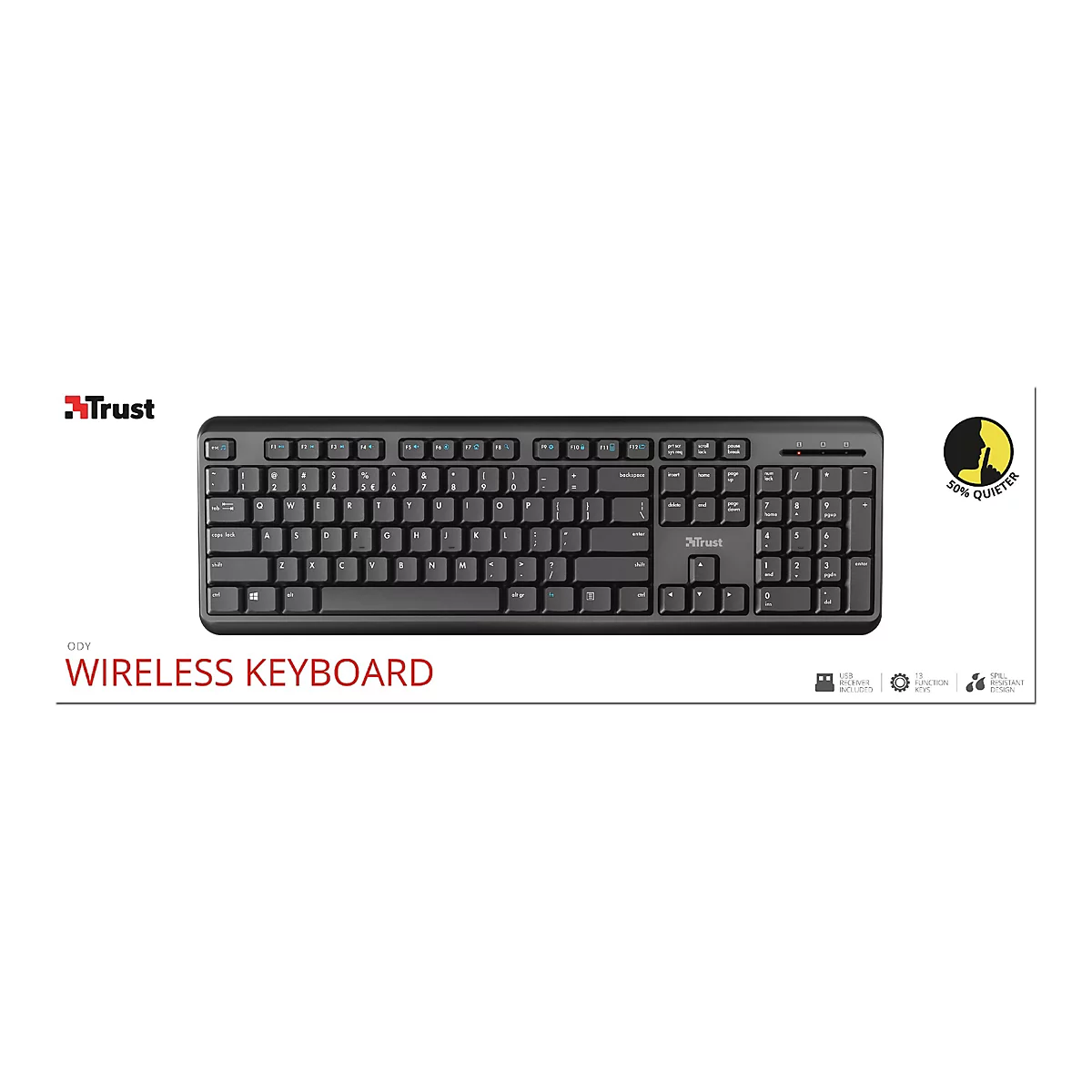 Draufsicht auf eine schwarze Trust Wireless-Tastatur mit weißen Buchstaben und Symbolen. Im Bild sind weitere Informationen, wie der Name des Herstellers und Werbebotschaften, enthalten.