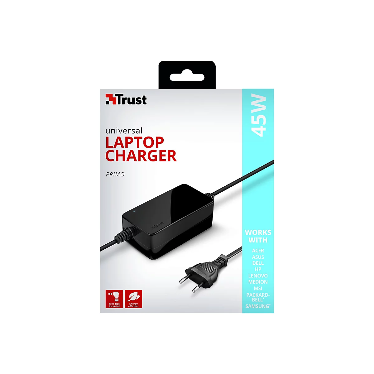 Schwarzes Laptop-LadegerÃ¤t auf weiÃŸem Hintergrund mit Produktnamen und Leistungsangabe. Der Stecker ist zu sehen.