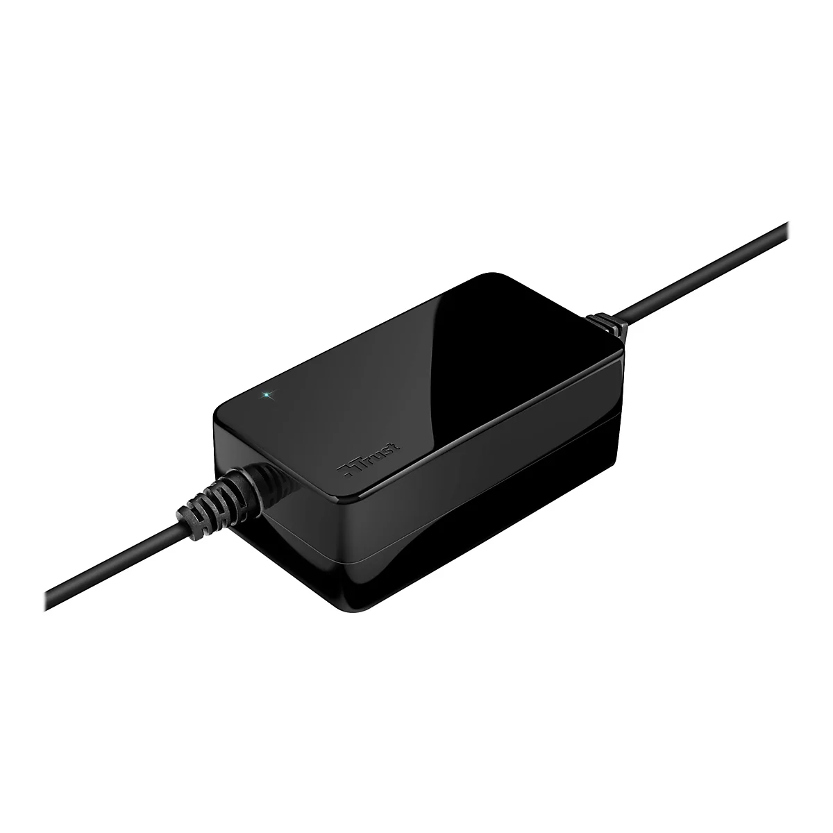 Schwarzes Netzteil mit Kabel, Trust-Logo, kleiner grÃ¼ner Punkt als Betriebsanzeige. Auf weiÃŸem Hintergrund.
