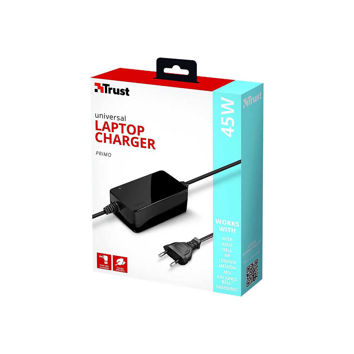 Ein Laptop-LadegerÃ¤t in einer weiÃŸen und roten Schachtel. Auf der Schachtel steht in roten Buchstaben UNIVERSAL LAPTOP CHARGER und die Marke Trust.