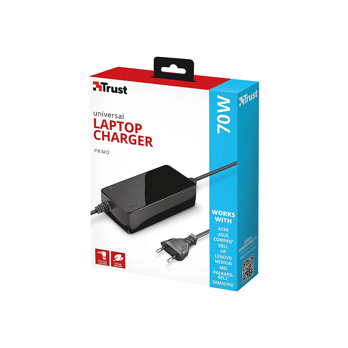Produktabbildung: Ein Universal-Laptop-LadegerÃ¤t mit schwarzem Stecker und Kabel, verpackt in einem weiÃŸen Karton mit roter und blauer Schrift.