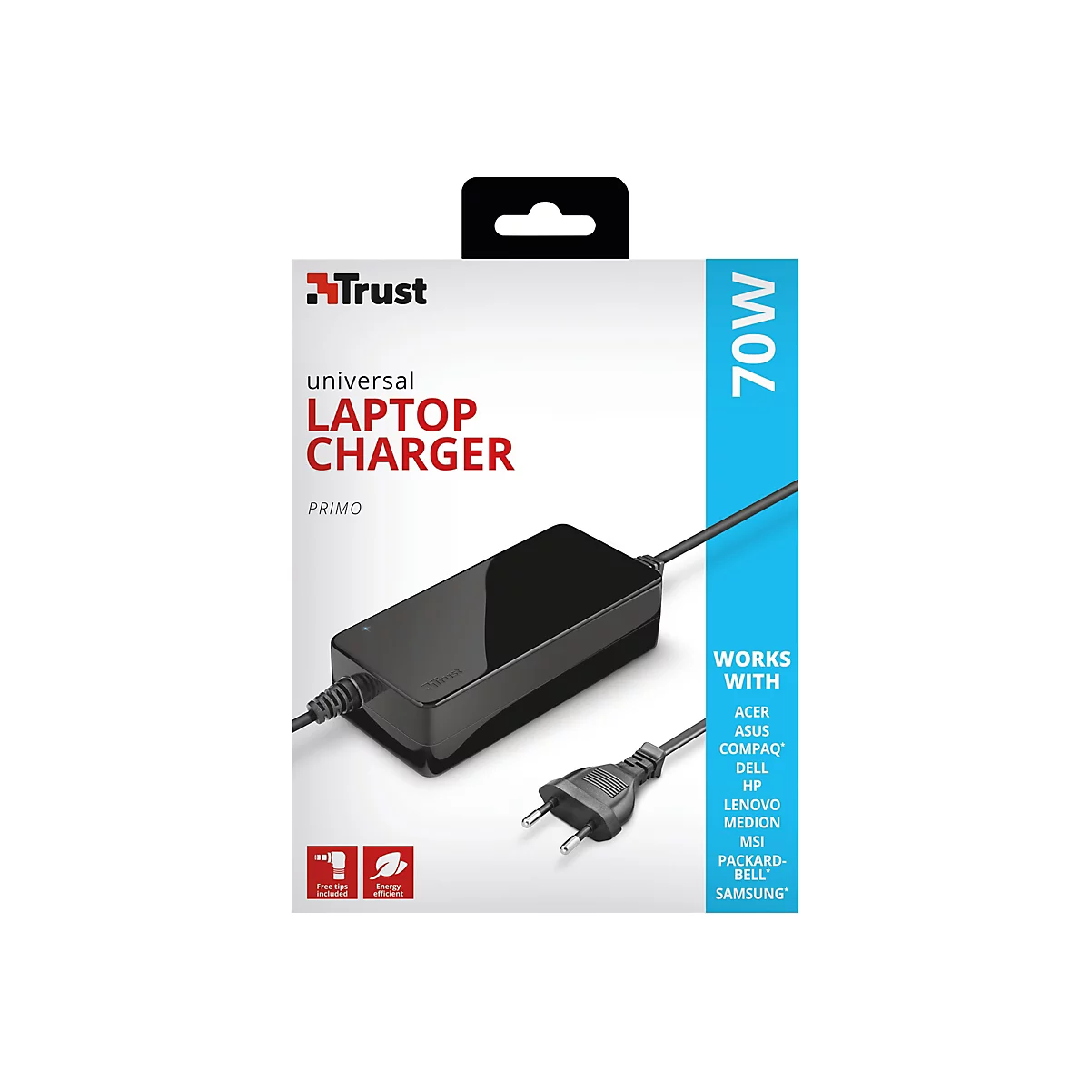 Ein schwarzes Laptop-LadegerÃ¤t in einer Verpackung. Aufdruck: Universal Laptop Charger 70W. Kompatibel mit Acer, Asus, Compaq, Dell, HP, Lenovo, Medion, MSI, Packard Bell, Samsung.