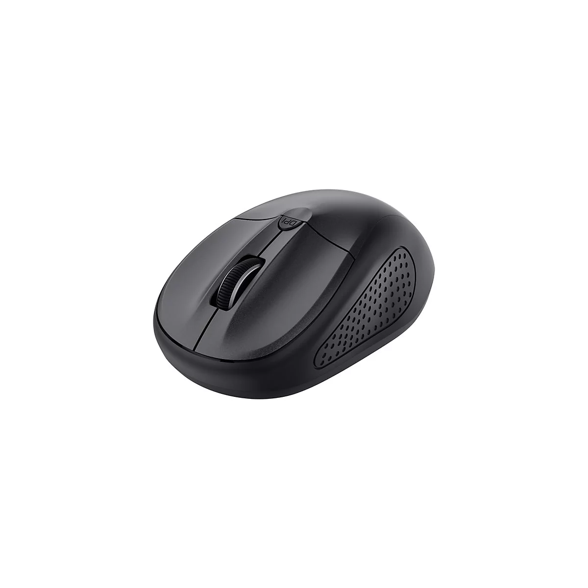 Schwarze, ergonomische kabellose Computermaus mit Scrollrad und DPI-Taste vor weißem Hintergrund.