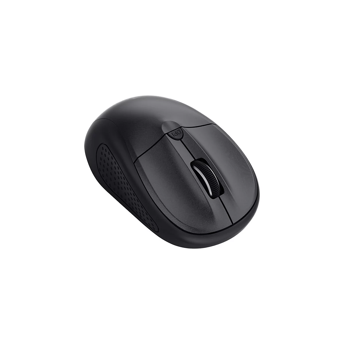 Schwarze kabellose Computermaus mit Mausrad und DPI-Taste auf weißem Hintergrund.