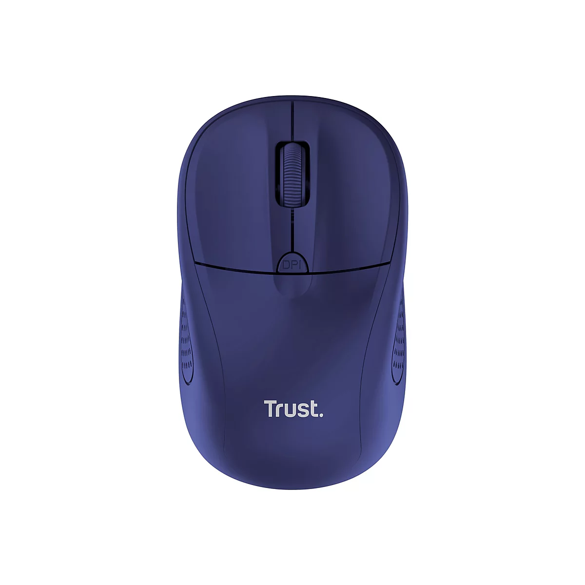 Dunkelblaue, ergonomische Trust-Computermaus mit Scrollrad und DPI-Taste von oben gesehen.