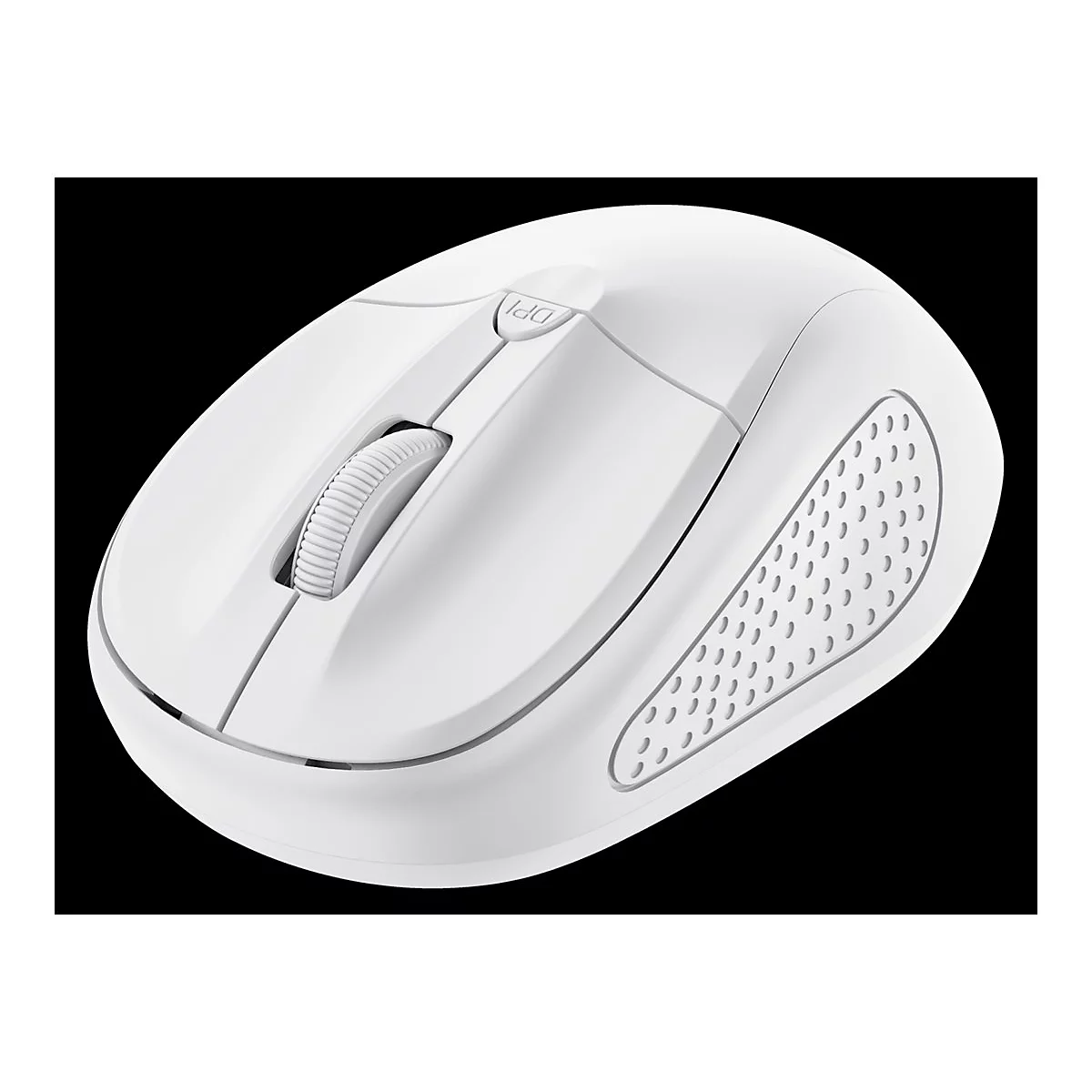 Weiße, ergonomische Computermaus mit Mausrad und DPI-Taste auf schwarzem Hintergrund.