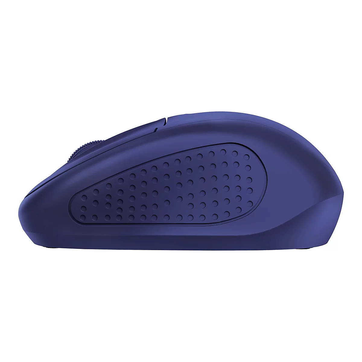 Dunkelblaue, ergonomisch geformte kabellose Computermaus in der Seitenansicht vor weißem Hintergrund.