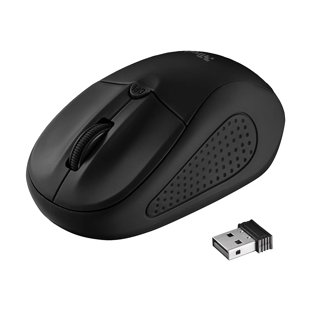 Schwarze kabellose Computermaus mit seitlicher Gummierung, Scrollrad, DPI-Taste und kleinem USB-Empfänger.