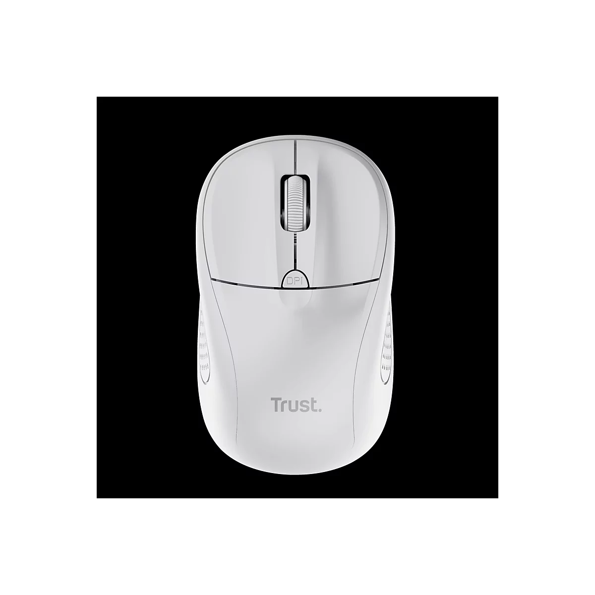 Weiße, kabellose Computermaus von oben gesehen mit dem Logo Trust und einer DPI-Taste.