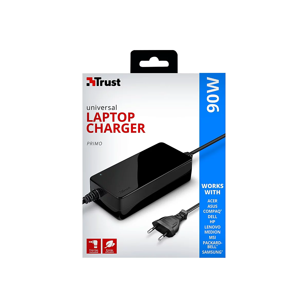 Ein schwarzes Laptop-LadegerÃ¤t in seiner Verpackung. Auf der Verpackung steht Trust, Universal Laptop Charger, 90W und Works with mehrere Marken.