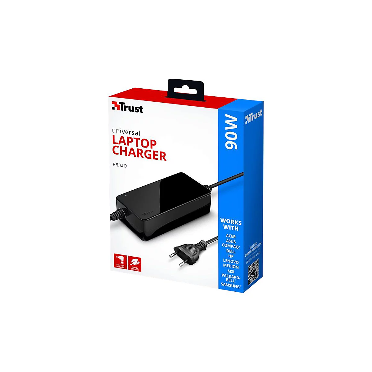 Ein schwarzes Laptop-LadegerÃ¤t auf einer weiÃŸen Verpackung mit roten und blauen Akzenten. Text: Trust, Laptop Charger.