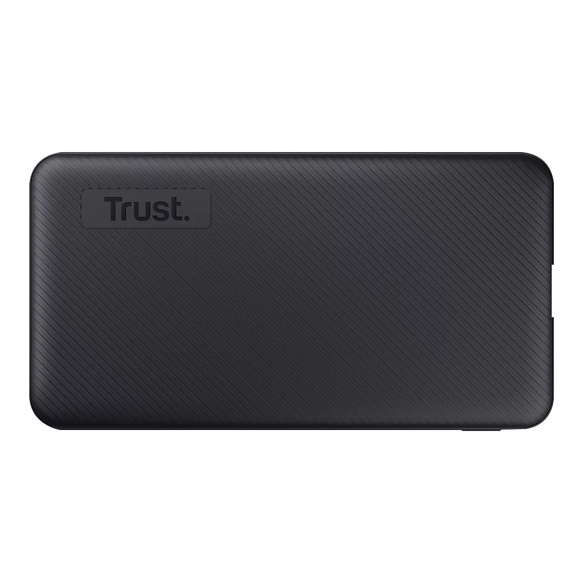 Schwarze, rechteckige Powerbank mit diagonalem Streifenmuster und eingeprägtem Trust-Logo.