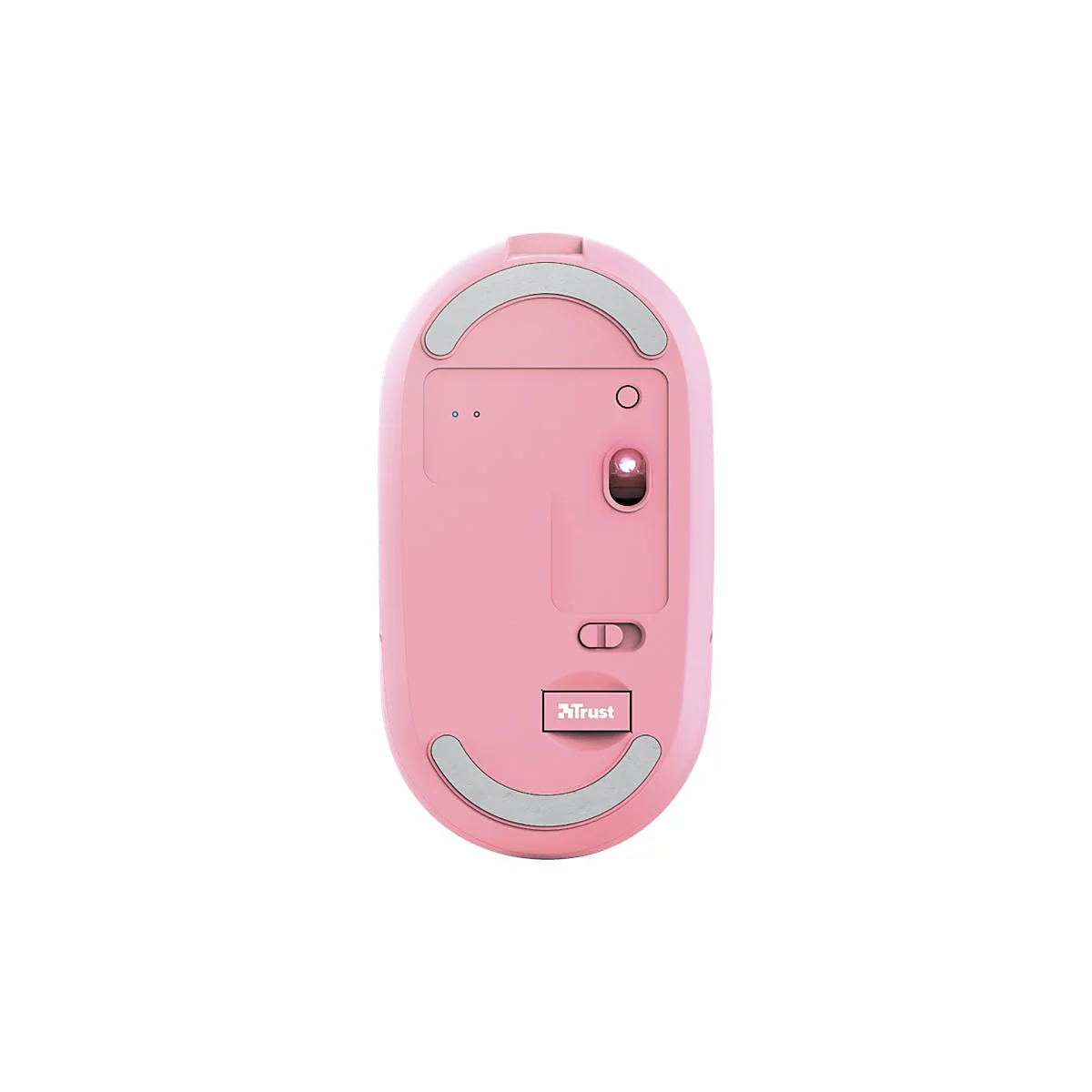Unterseite einer rosa kabellosen Trust Computermaus mit Sensor, Schiebeschalter und Gleitfüßen auf weißem Grund.