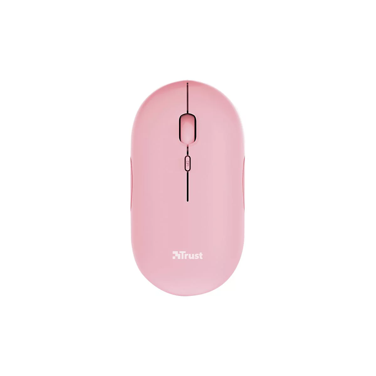 Draufsicht einer flachen, rosa kabellosen Computermaus der Marke Trust auf weißem Hintergrund.