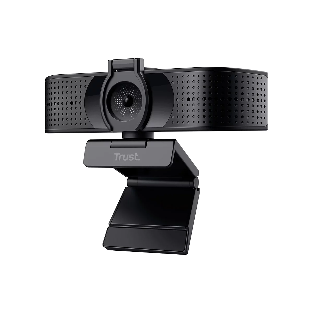 Schwarze Webcam mit Trust-Logo und verstellbarem Standfuß, vor weißem Hintergrund.