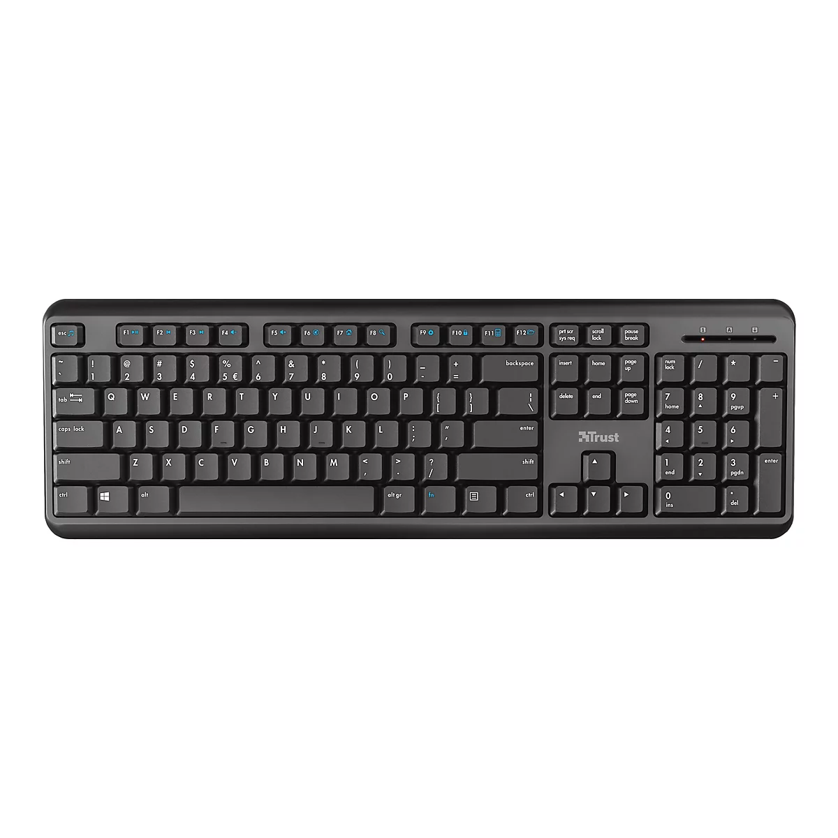 Schwarze Trust Tastatur im QWERTZ-Layout mit Ziffernblock und Funktionstasten vor weißem Hintergrund.
