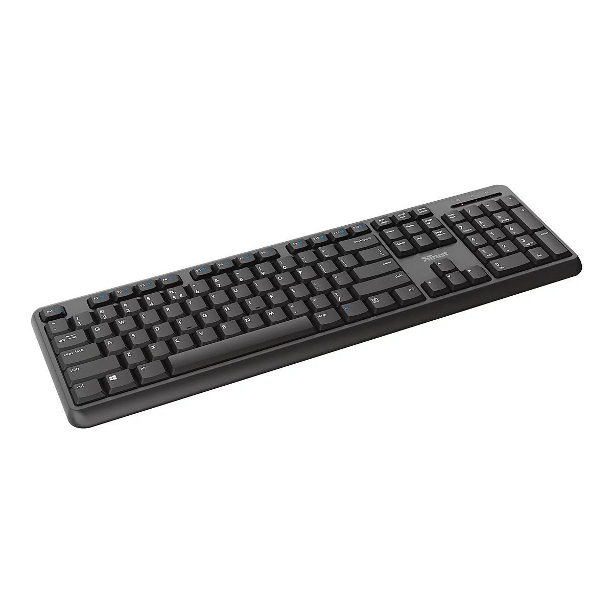 Schwarze kabellose Trust-Tastatur mit QWERTZ-Layout auf weißem Hintergrund.