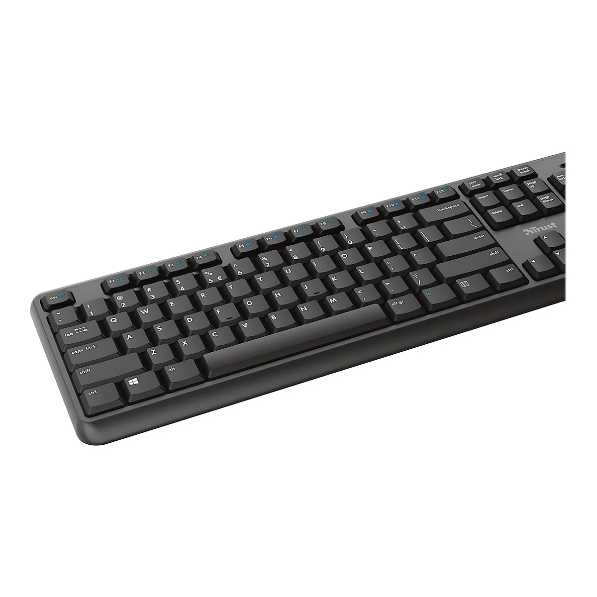 Schwarze Trust Tastatur in Draufsicht, Fokus auf QWERTZ-Layout und Funktionstasten.
