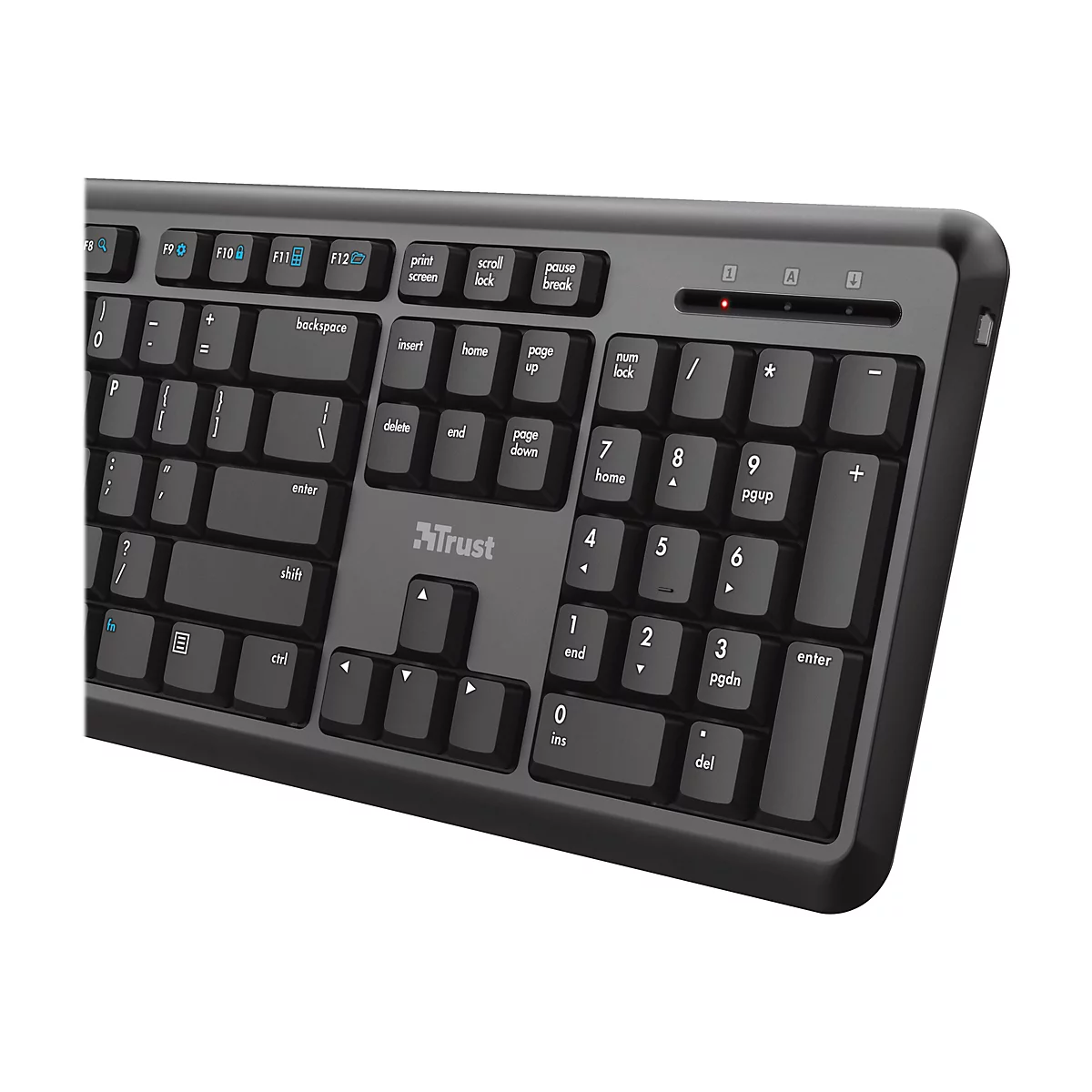 Nahaufnahme einer schwarzen Trust-Tastatur, Fokus auf den Nummernblock und die Funktionstasten.