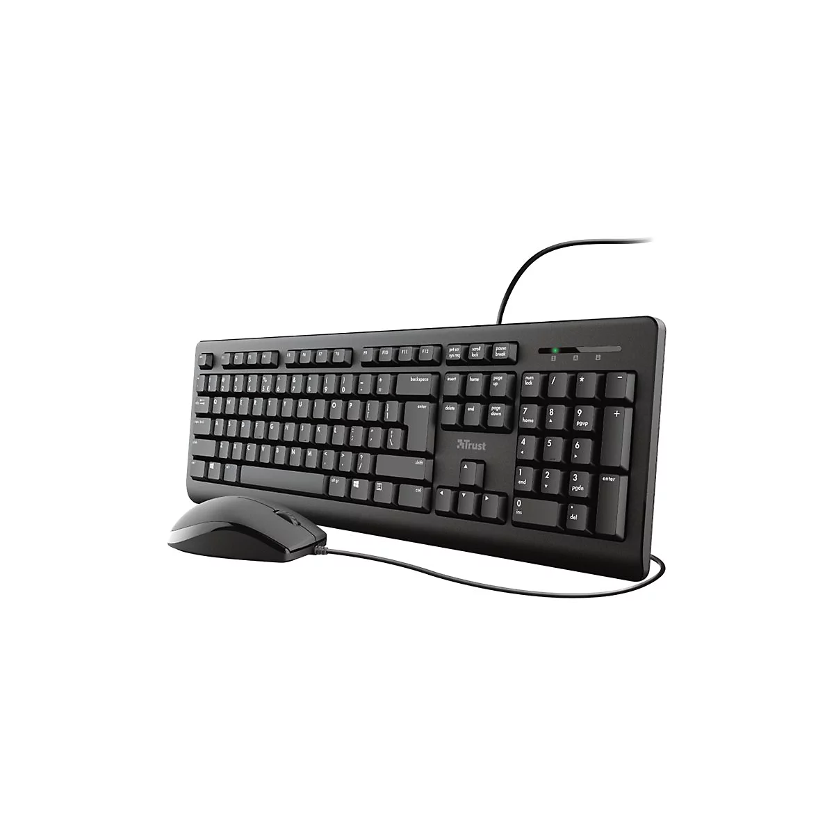 Schwarzes kabelgebundenes Tastatur-Maus-Set von Trust vor neutralem Hintergrund.