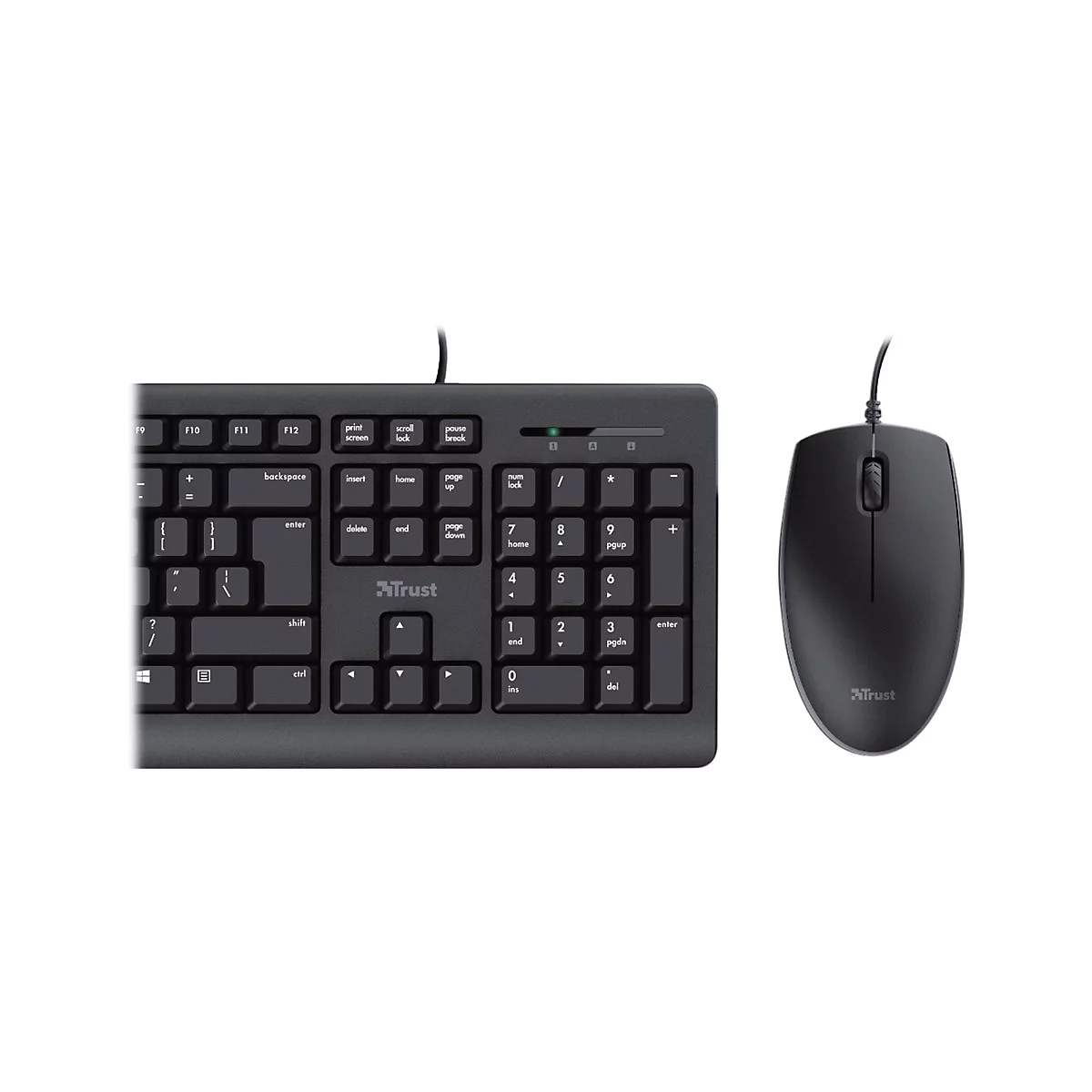 Schwarzes kabelgebundenes Trust-Tastaturset bestehend aus dem rechten Teil der Tastatur und einer Maus.