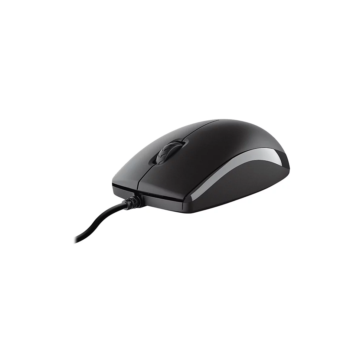 Eine schwarze, kabelgebundene Computermaus vor weißem Hintergrund.