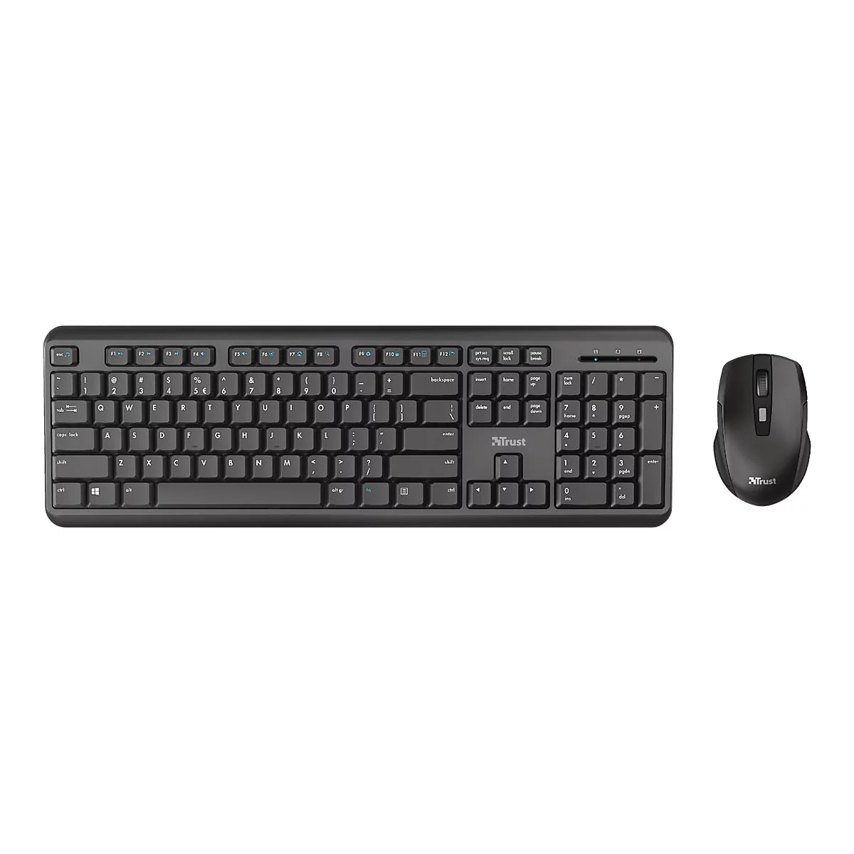 Schwarzes kabelloses Tastatur- und Maus-Set von Trust auf weißem Hintergrund.