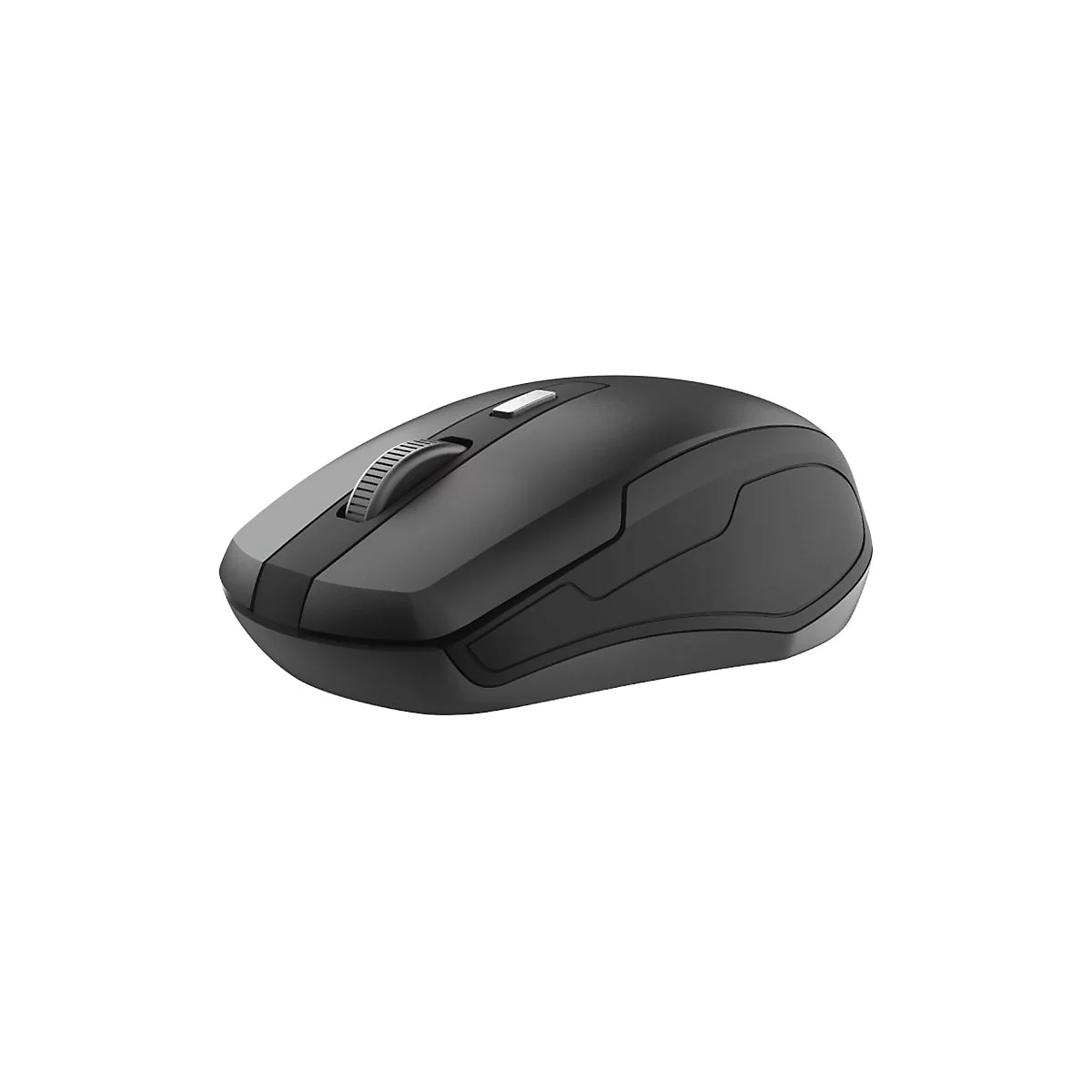 Schwarze, ergonomische kabellose Computermaus mit geriffeltem Mausrad und silberner Taste vor weißem Hintergrund.