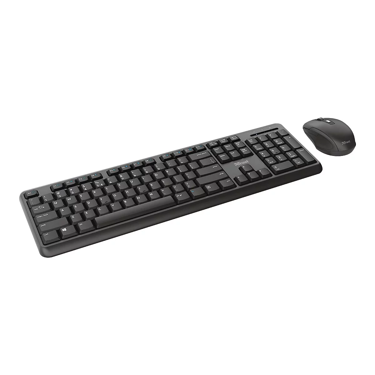 Schwarzes kabelloses Tastatur-Maus-Set von Trust vor neutralem Hintergrund.