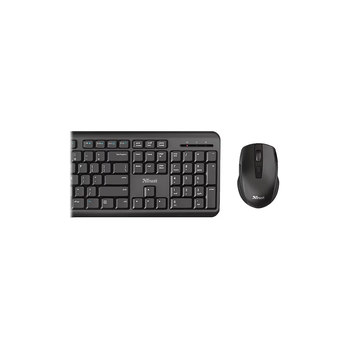 Schwarzes Trust Tastatur- und Mausset vor weißem Hintergrund.