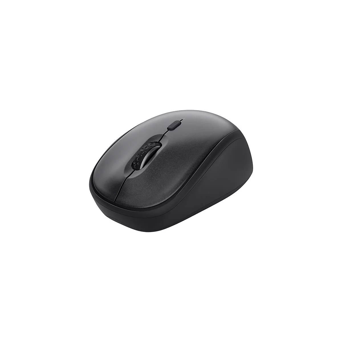 Schwarze, ergonomische kabellose Computermaus aus Kunststoff mit Scrollrad und DPI-Taste vor weißem Hintergrund.