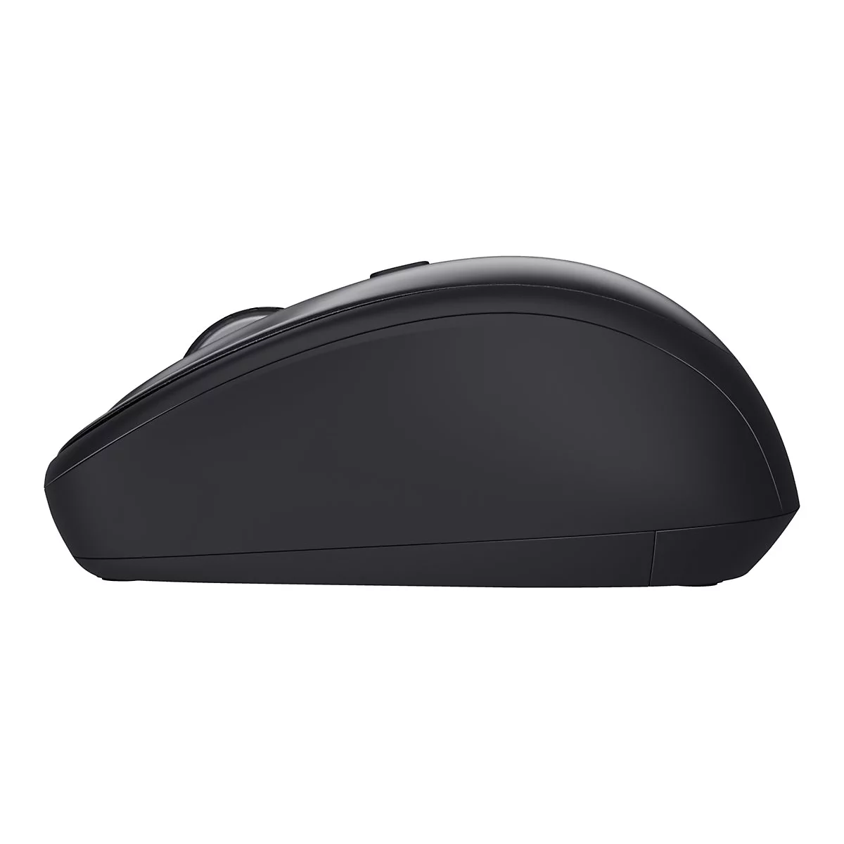Seitliche Ansicht einer ergonomisch geformten, mattschwarzen Computermaus vor weißem Hintergrund.