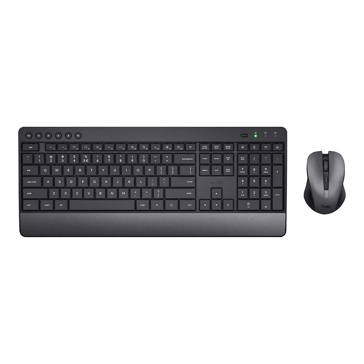 Schwarzes kabelloses Tastatur- und Maus-Set mit Handballenauflage vor weißem Hintergrund.