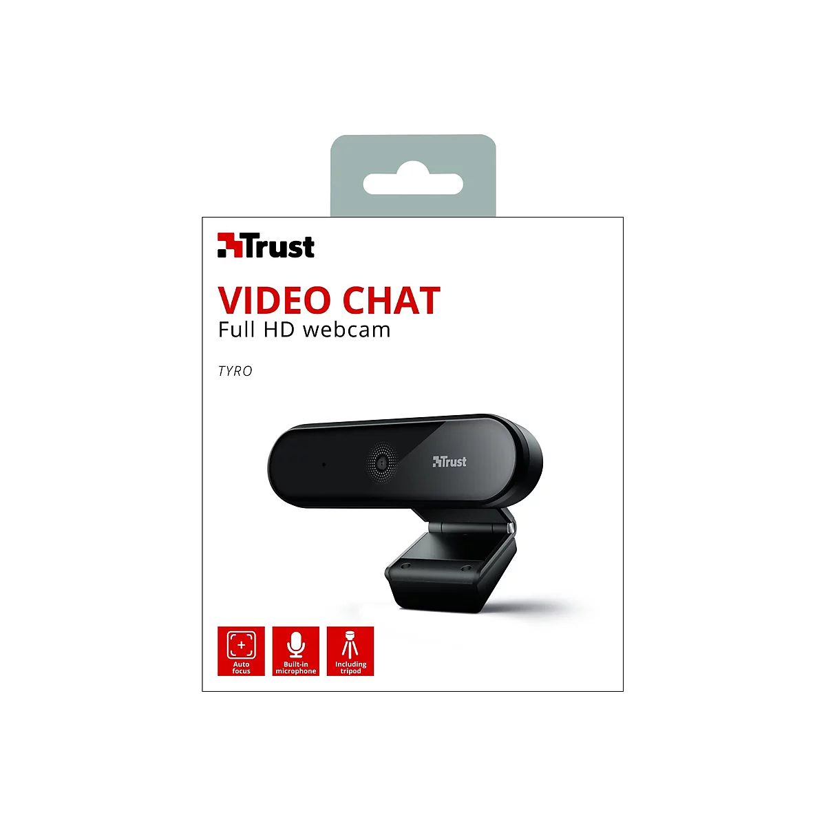 Webcam in Verpackung, Produktname: Video Chat. Funktionen: Autofokus, eingebautes Mikrofon, Stativ.