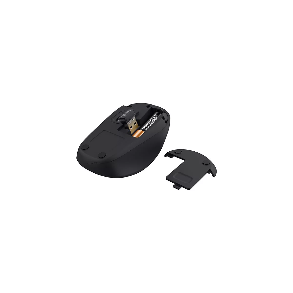 Unterseite einer schwarzen kabellosen Computermaus mit geöffnetem Batteriefach, Batterie und USB-Empfänger.
