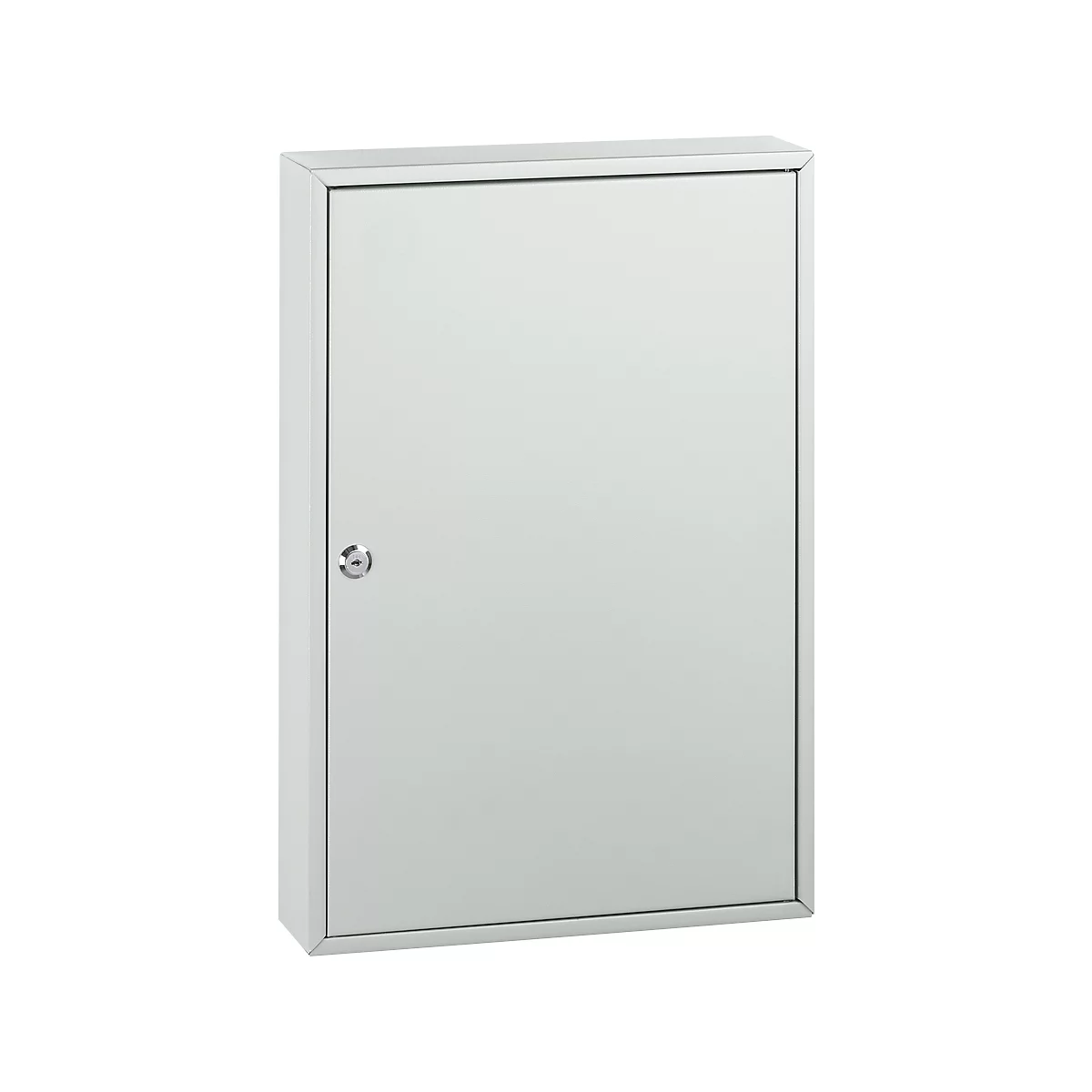 A rectangular, grey medicine cabinet with a door and a round lock.