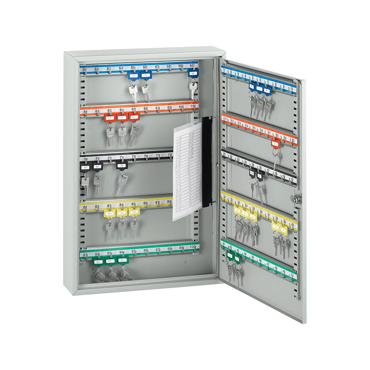Opened key cabinet with many keys. Color-coded bars with numbers and tags for clear organization.