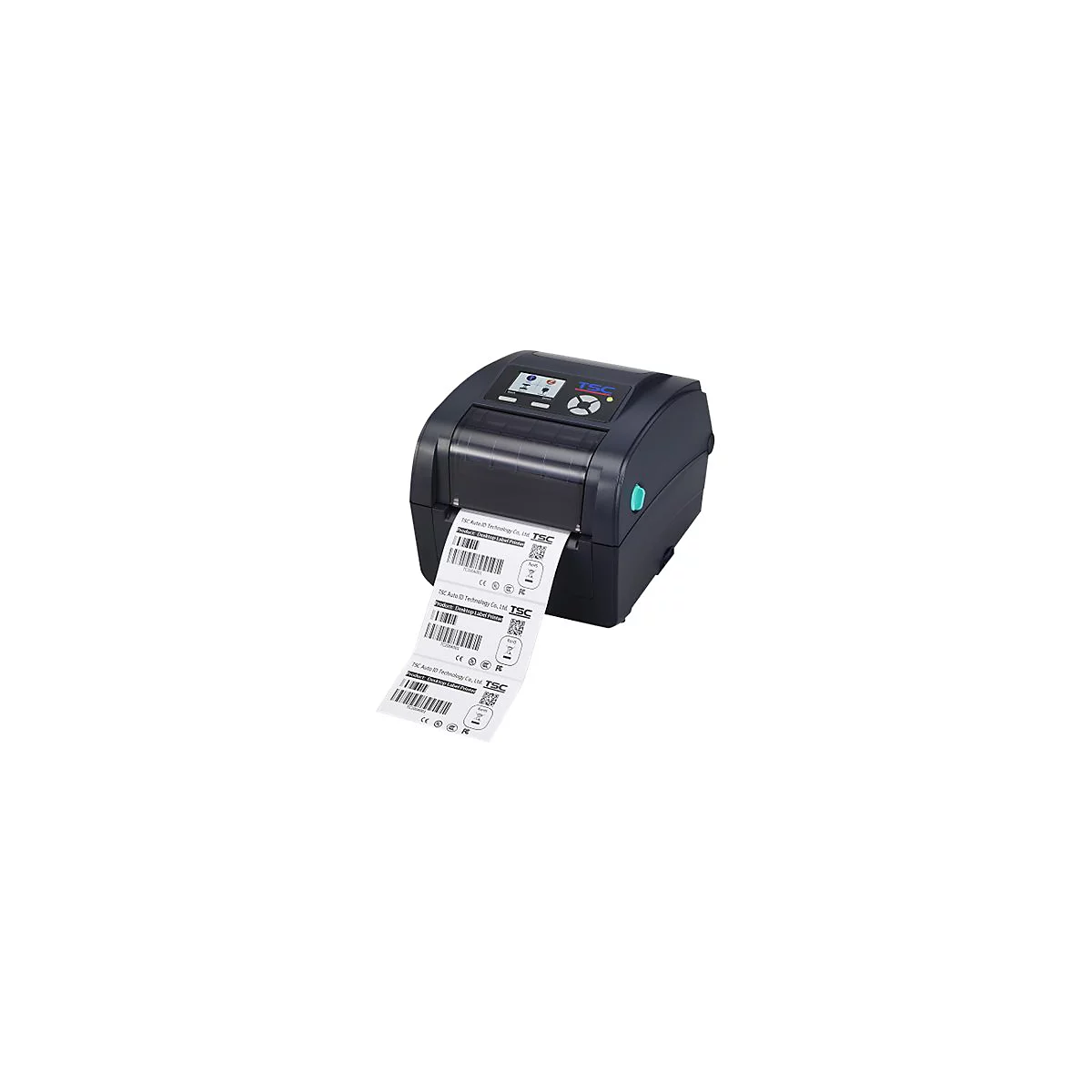 Schwarzer Etikettendrucker, druckt Etiketten mit Barcodes und Logos. Mit Display und grÃ¼ner Taste.