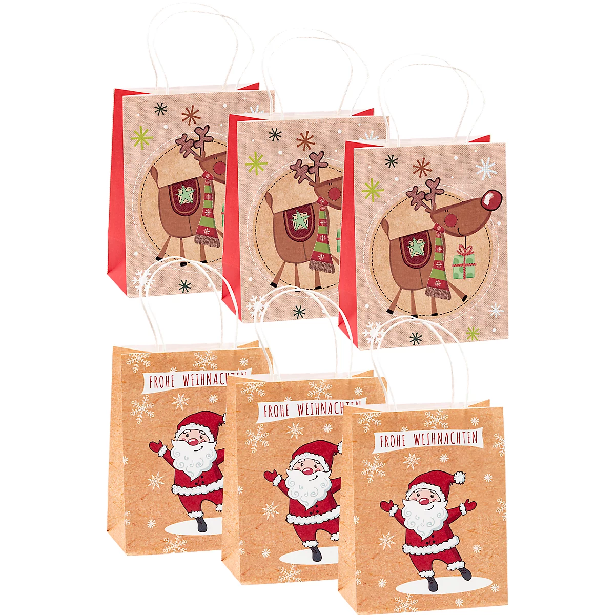 Drie geschenkzakjes met rendiermotief en drie met kerstmanmotief op bruin papier.