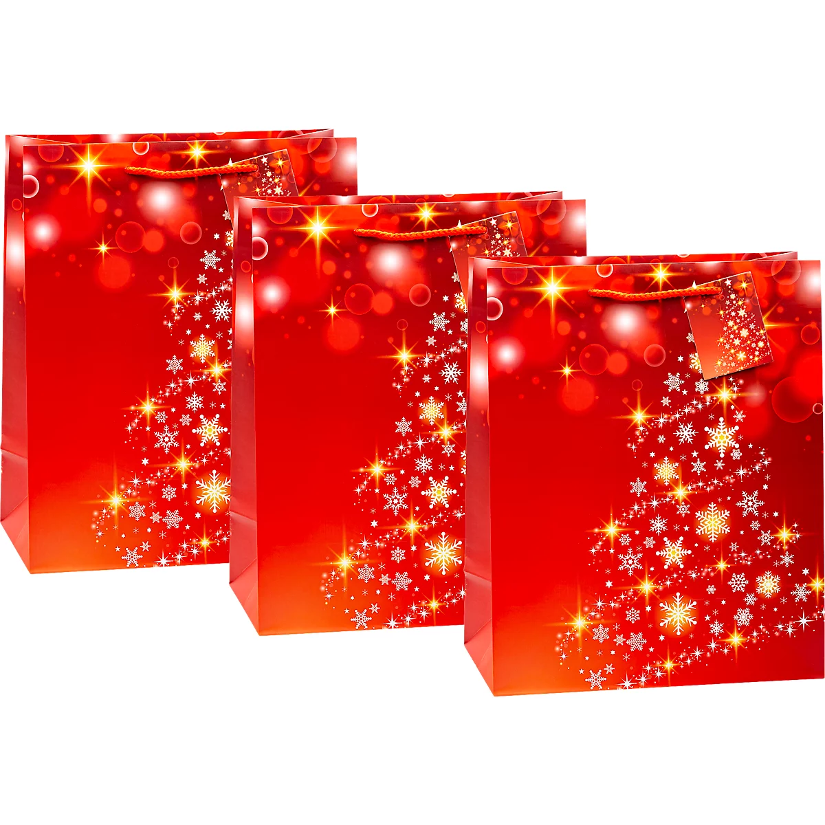 Drie rode geschenktassen met een stralend kerstboom- en sneeuwvlokmotief op een witte achtergrond.
