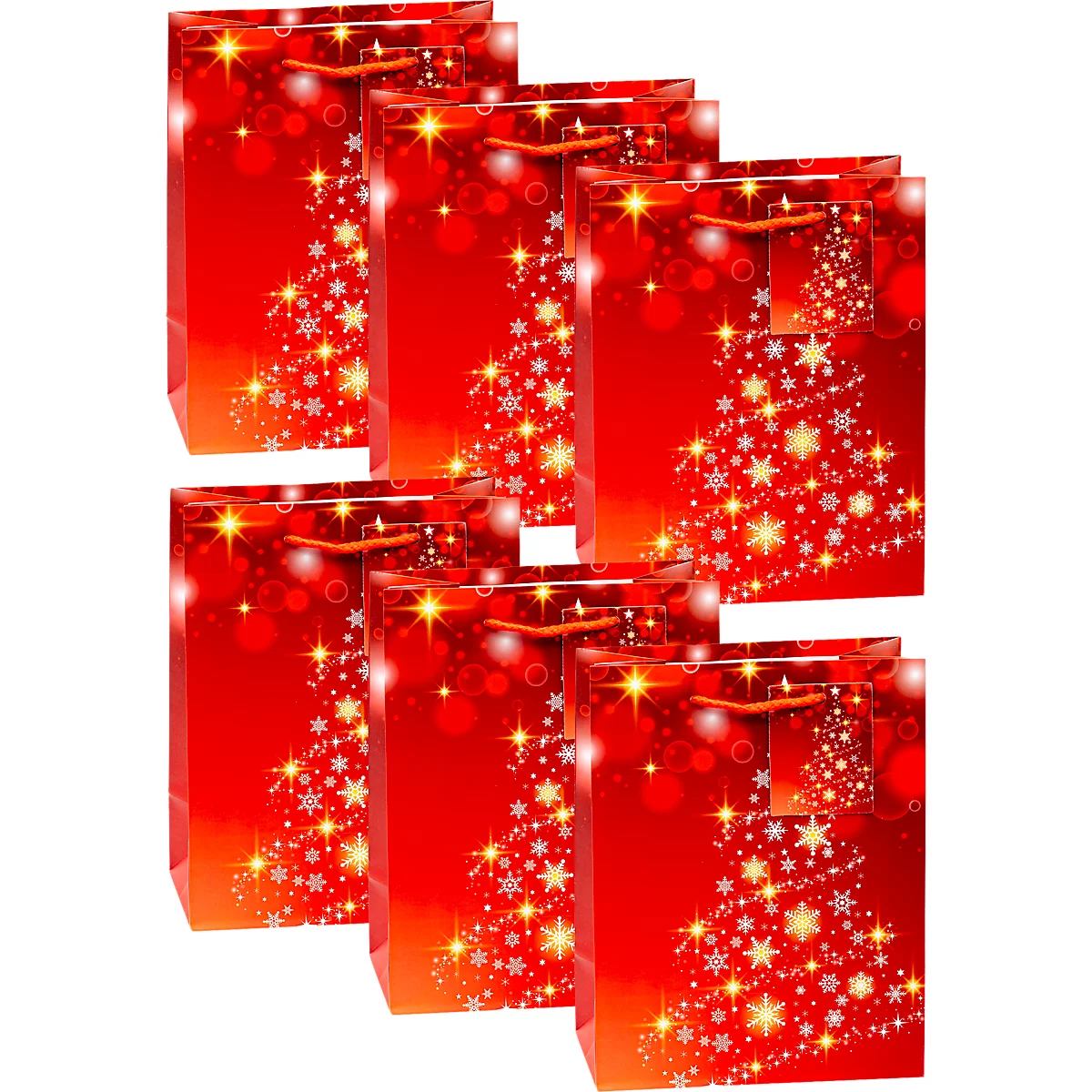 Zes kerstcadeautasjes in twee ontwerpen met rendier- of kaarsmotieven en rode hengsels.