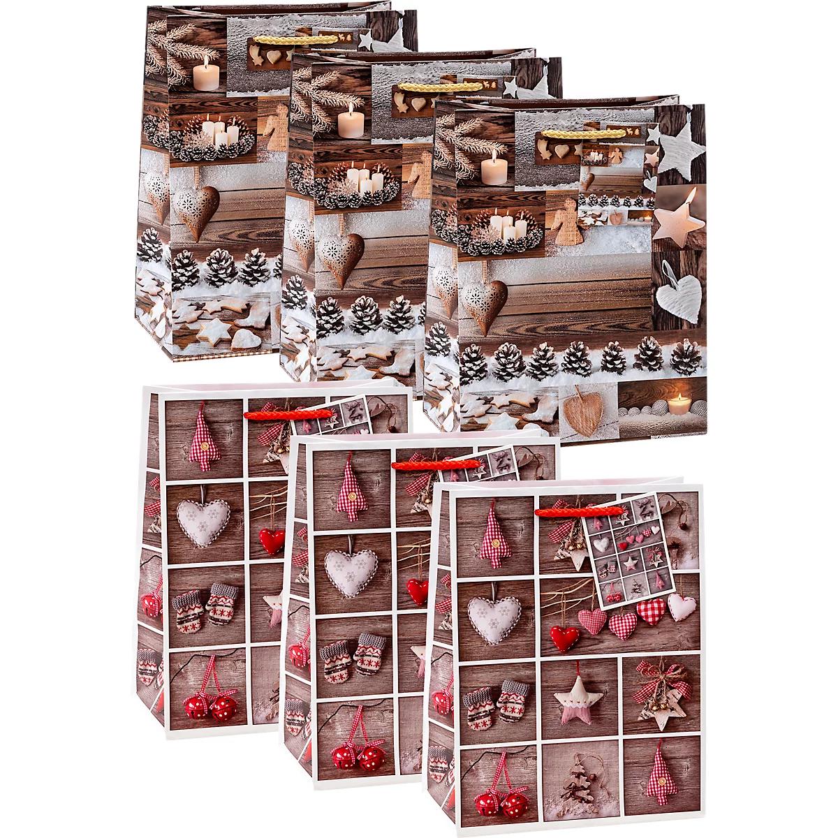 Zes cadeautassen met kerstmotieven zoals kaarsen, dennenappels, harten en sterren op rustiek hout.
