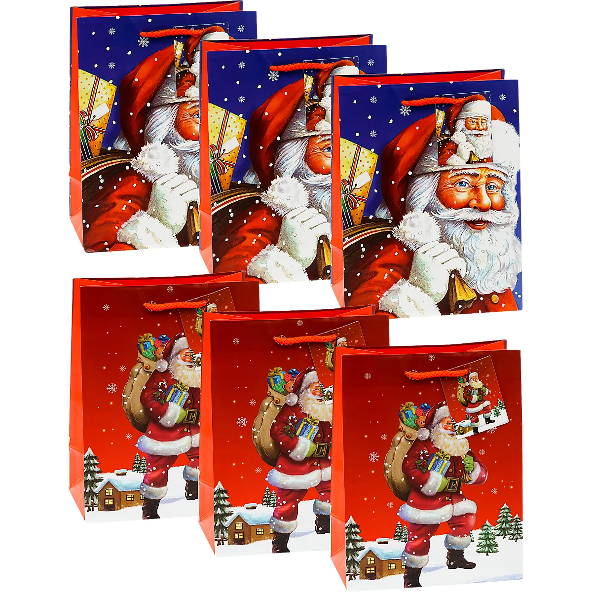 Zes kerstcadeautassen met de kerstman op blauwe en rode achtergronden.