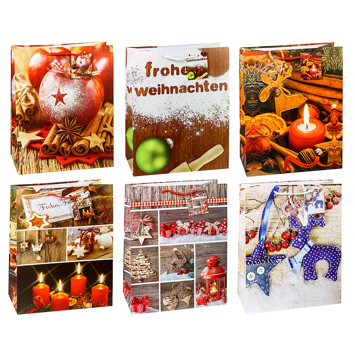 TSI Geschenktüten Weihnachten Serie 6, Polypropylen, B 260 x T 135 x H 320 mm, 12er-Set, 6 Motive sortiert