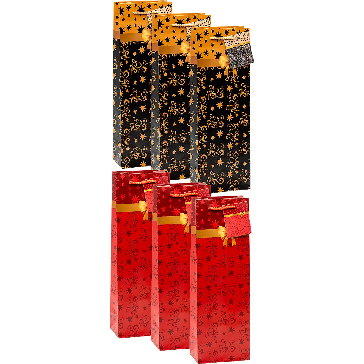 Sechs schmale Geschenktüten für Flaschen in Schwarz-Gold und Rot-Gold mit Sternen- und Ornamentmustern.