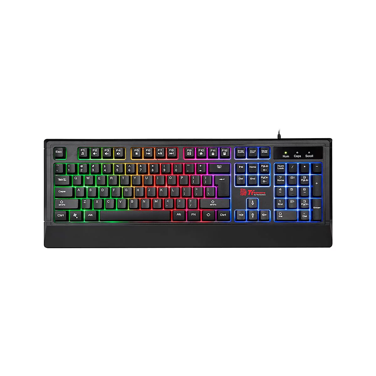 Schwarze Gaming-Tastatur mit RGB-Beleuchtung, Tastenbeschriftungen und Markenlogo.